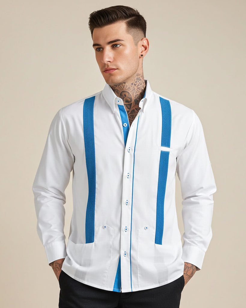 Man wearing a white guayabera shirt with turquoise stripes on a beige background