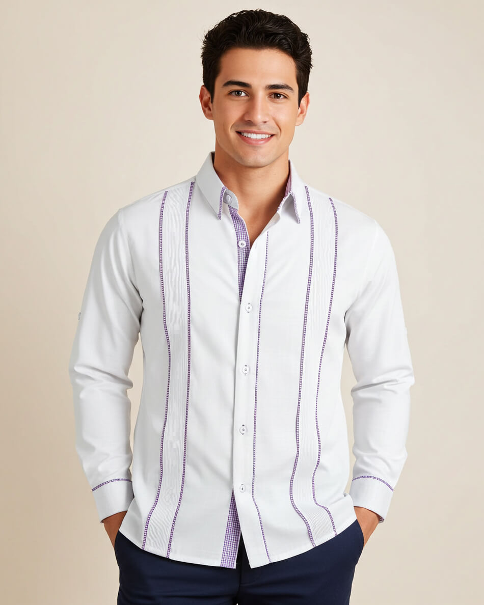 Man wearing a white dress shirt with purple stripes on a beige background