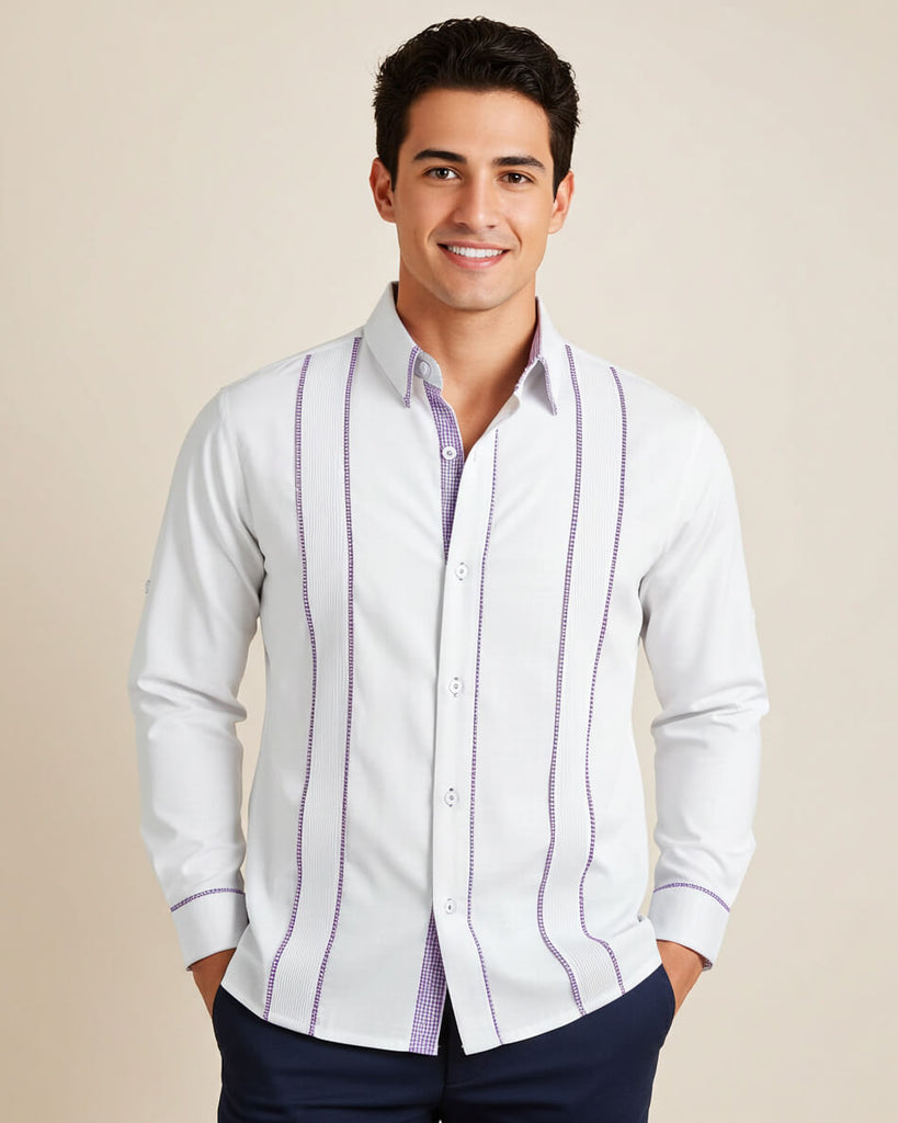 Man wearing a white dress shirt with purple stripes on a beige background