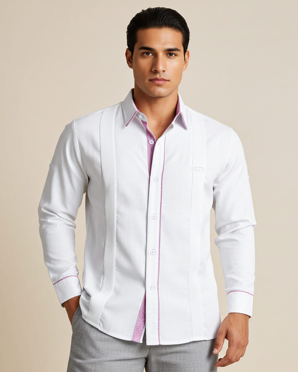 Man wearing a white dress shirt with pink trim on a beige background