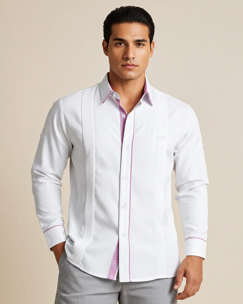 Man wearing a white dress shirt with pink trim on a beige background