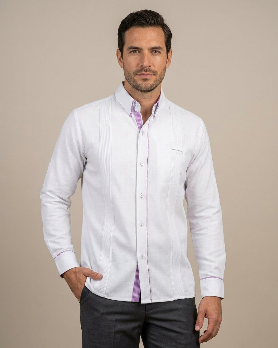 Ready to Go Medium | Blanco con Purple Guingán Long Sleeve Presidencial Guayabera
