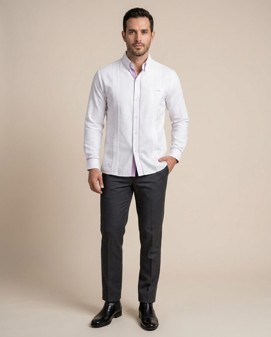 Ready to Go Medium | Blanco con Purple Guingán Long Sleeve Presidencial Guayabera