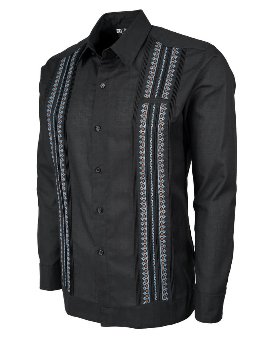 【BLACK】Leno cloth guayabera shirt Linen Blend No-Pocket Guayabera Shirt – Cubavera