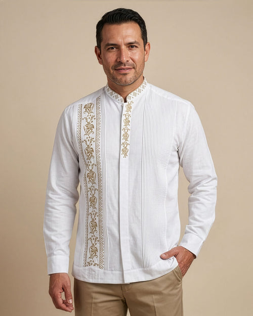 Yucateco Flores Oro Imperial Guayabera - Y.A.Bera Clothing  - Modern Guayabera Shirts for Men - Handmade in Yucatan