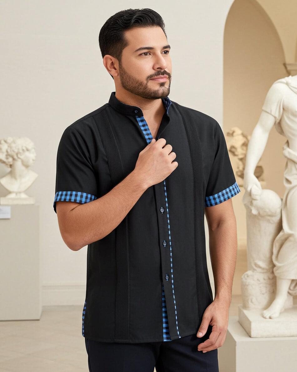 Black con Cerulean Guingán Guayabera