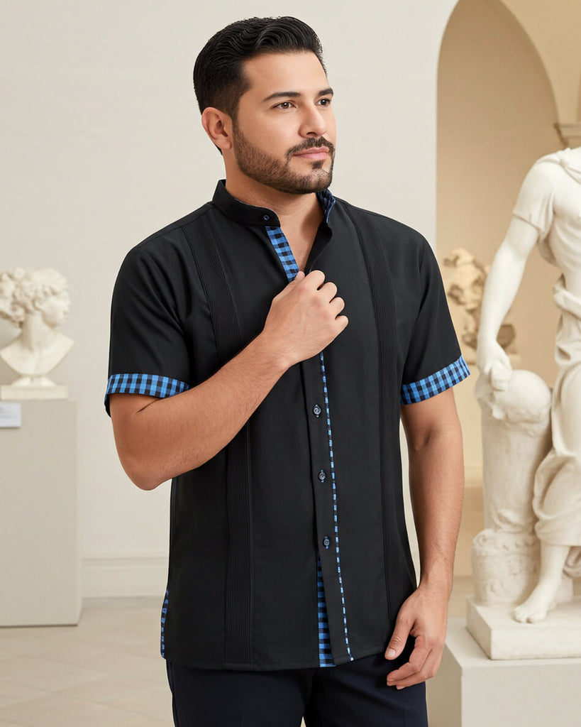 Black con Cerulean Guingán Guayabera