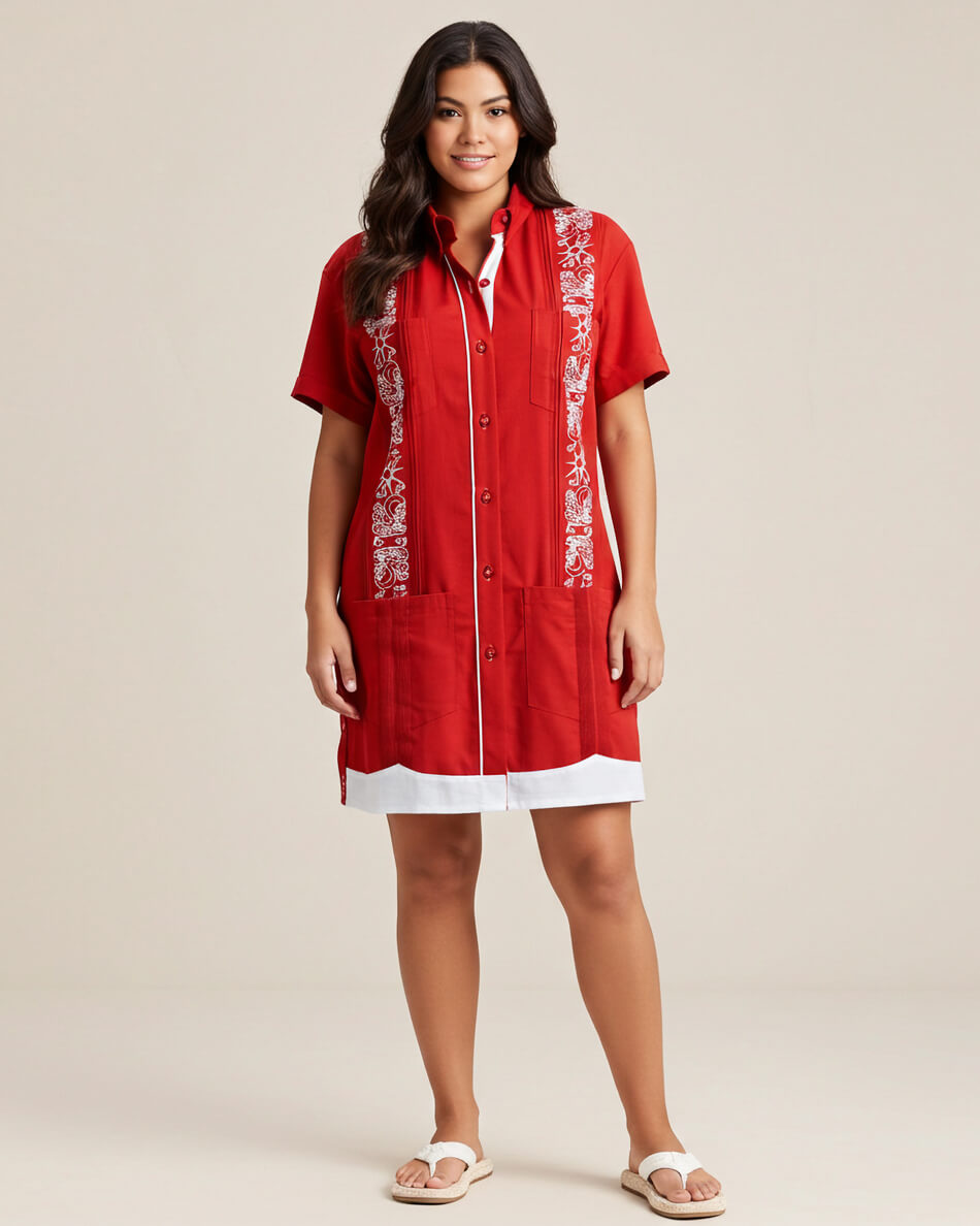 Señorita Red with White Stars & White Accents Guayabera Dress