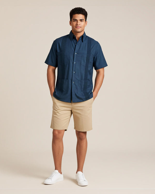 Deep Teal Four Pocket Traditional Guayabera