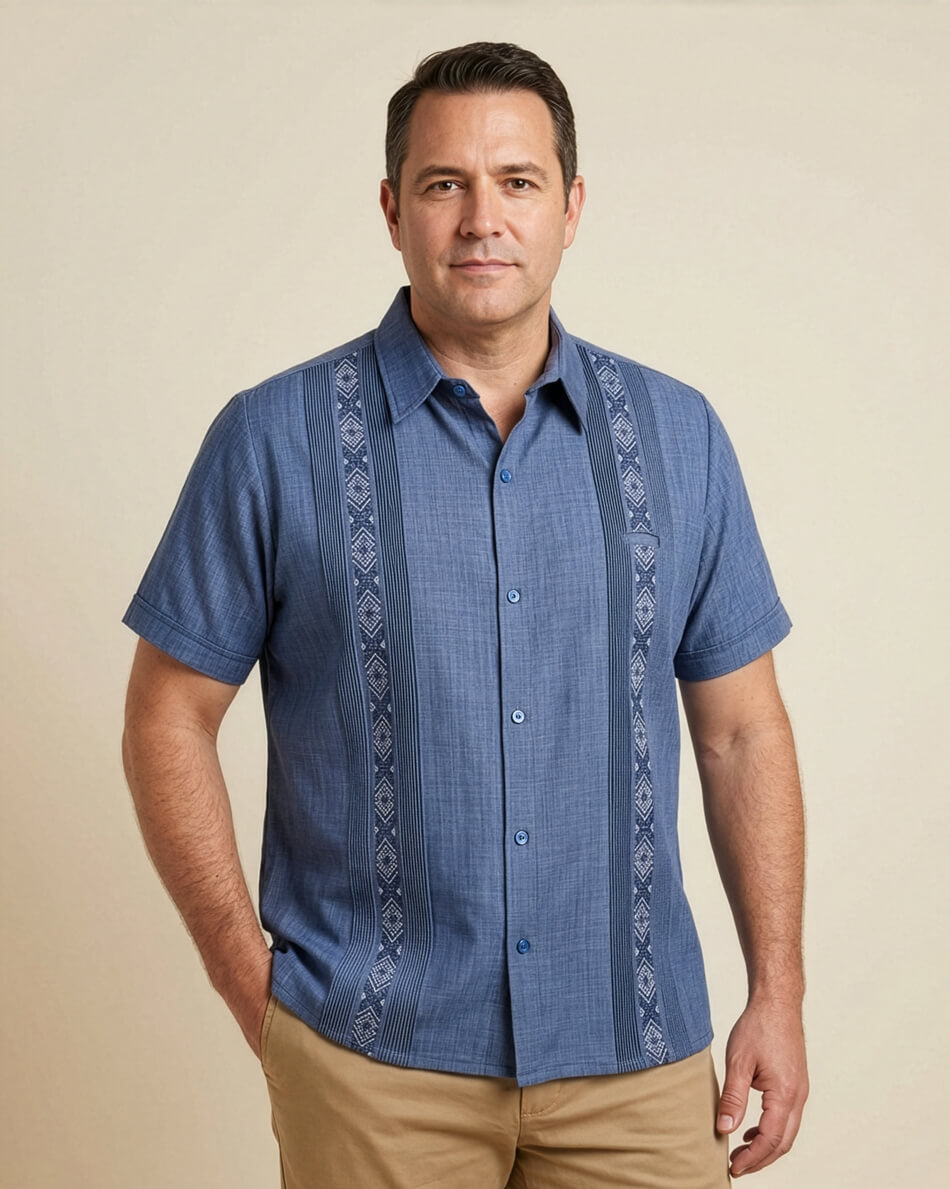 Ready to Go | Yucateco Indigo Blue Maya Guayabera - Y.A.Bera Clothing  - Modern Guayabera Shirts for Men - Handmade in Yucatan