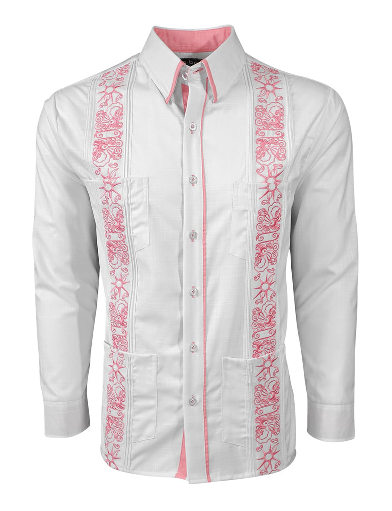 White with Rose Pink Stars & Accents Guayabera