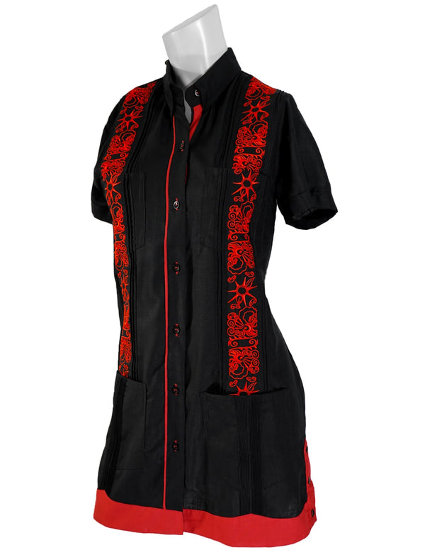 Señorita Black with Red Stars & Red Accents Guayabera Dress