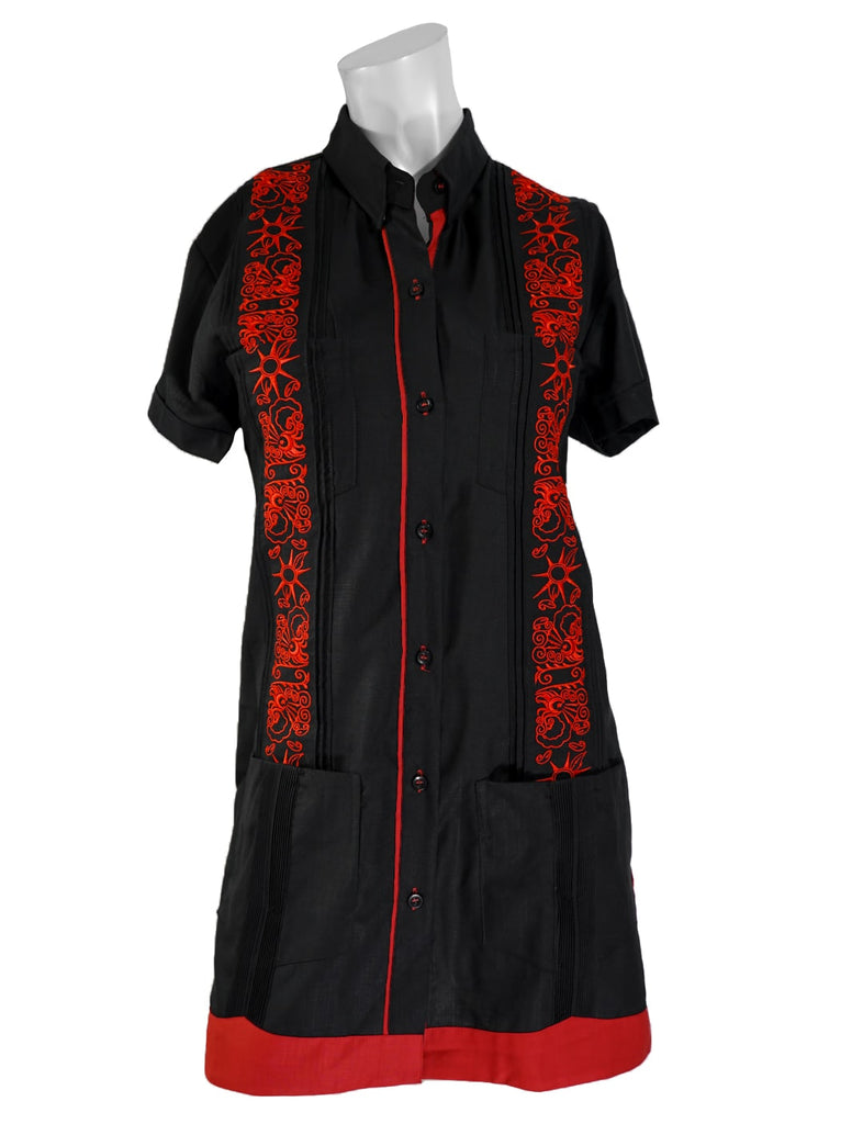 Señorita Black with Red Stars & Red Accents Guayabera Dress