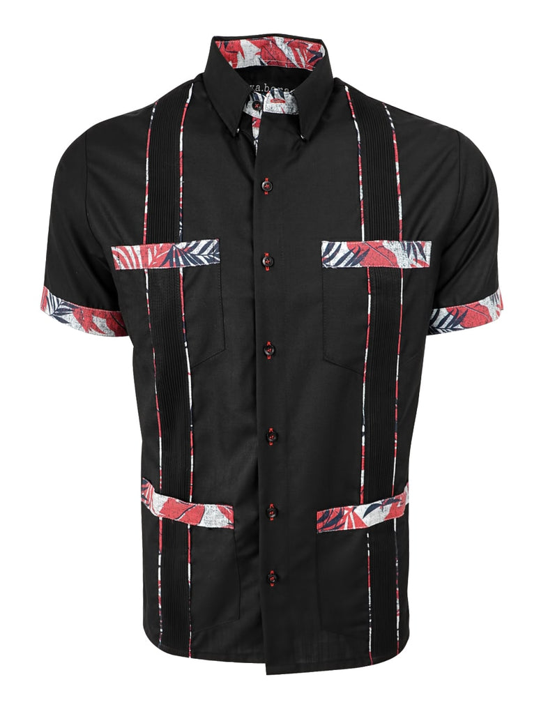 Red Palmas at Midnight Guayabera - Black Label V2 - Shirt 2XLT ✓ Black ✓ Black Label ✓ Collared ✓ Linen Fast shipping Worldwide Shipping